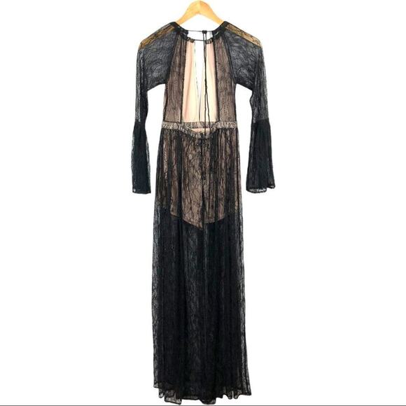 Whyte Eyelash Skirted Maxi Black Lace Sheer Romper Deep V-neck bell sleeves S - Picture 9 of 16